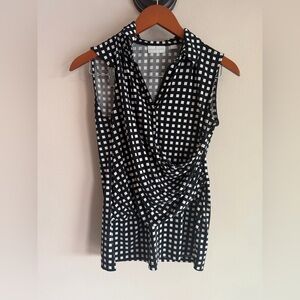New York & Company Sleeveless Draped Surplice Blouse Black White Grid Print  Sm